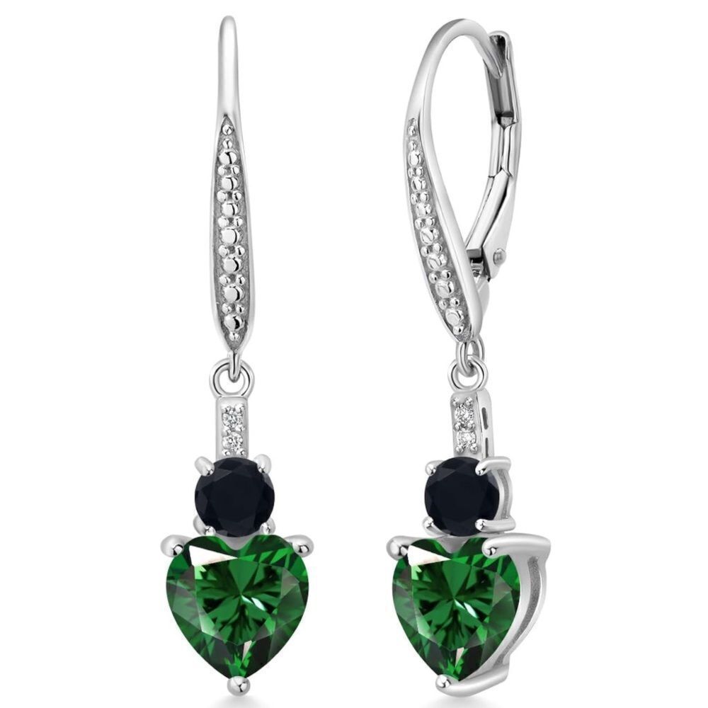 925 Sterling Silver with 2.47 Cttw Emerald and Black Onyx Heart Drop Earrings